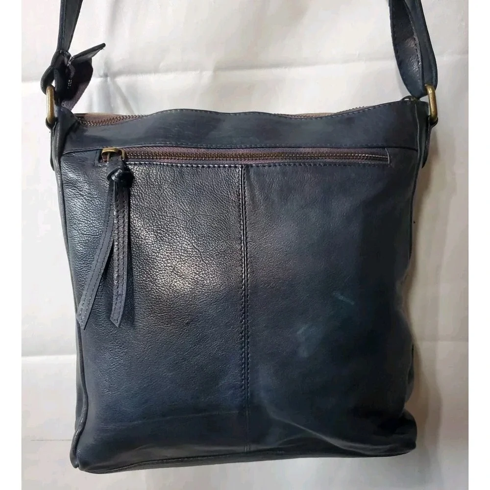 Estalon Purse Dark Blue Leather‎ Top Zip Crossbody Outside Pockets Boho Artsy